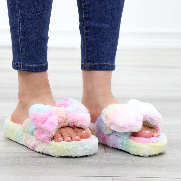 Bow Tie Furry Slip On Tie Dye Slippers - Picture 4 of 16